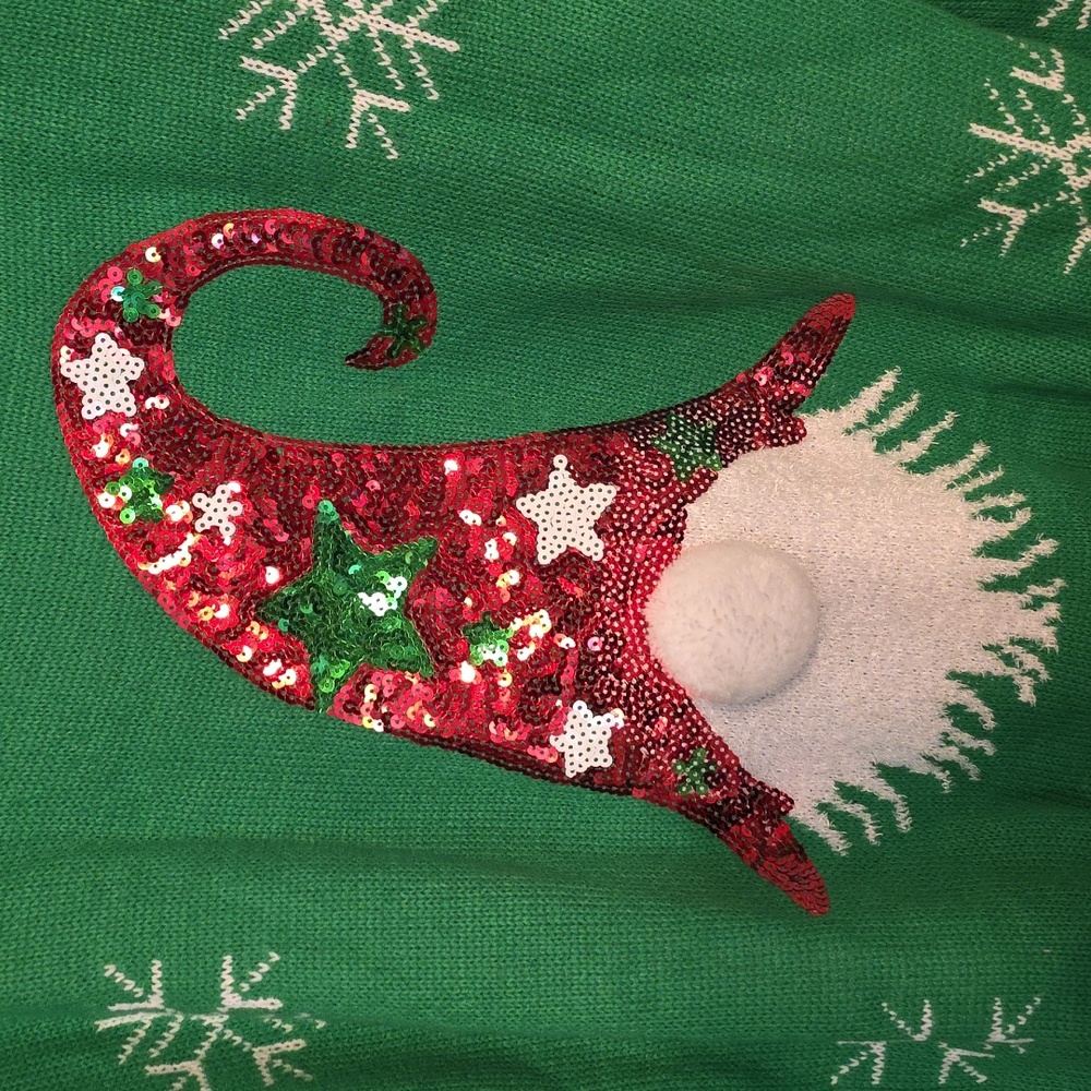 Merry Christmas By Poof! Women's Green Gnome Sweater Sequins Pom Christmas Sz L - Picture 3 of 8
